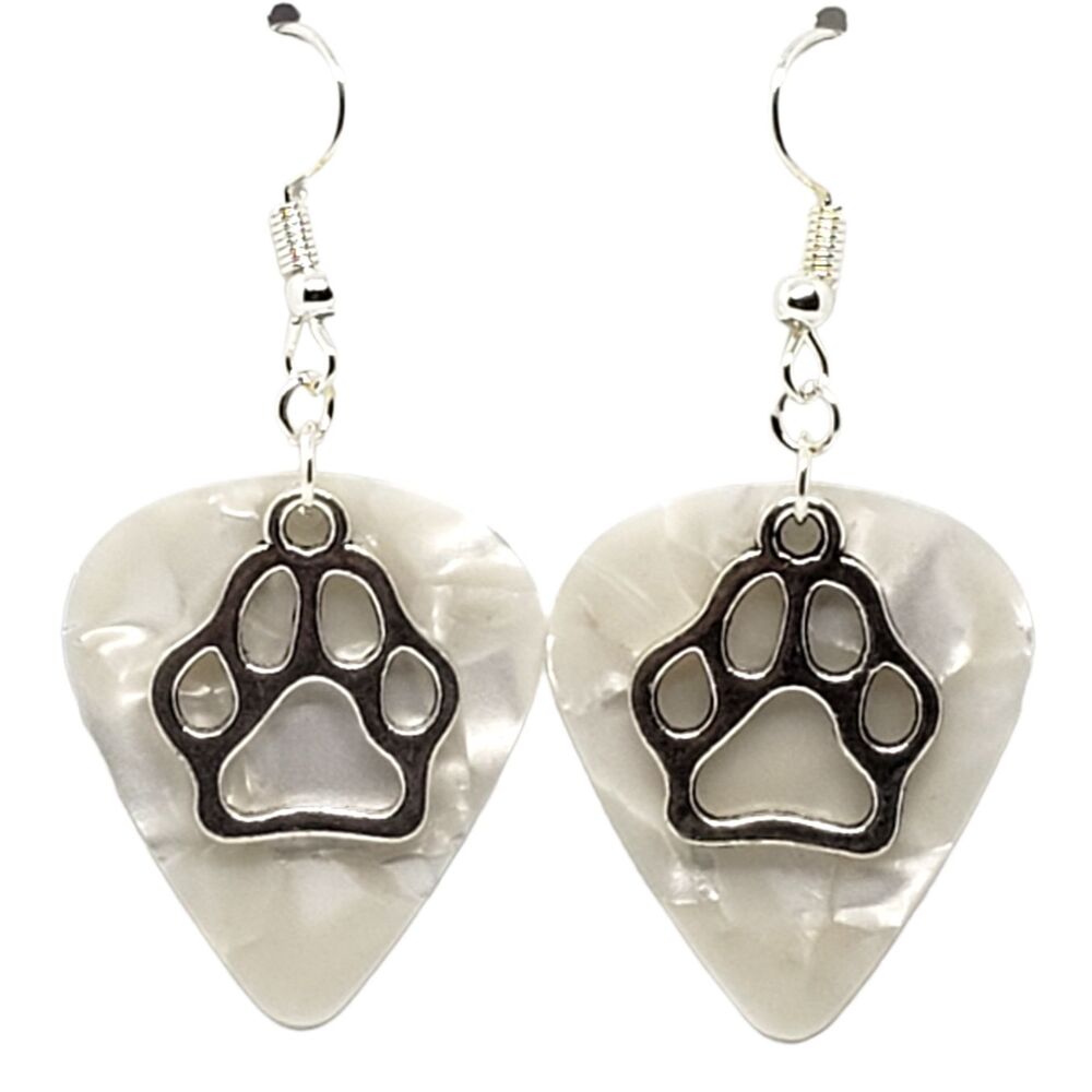 Dog Paw Print Charm on Guitar Pick Earrings - Choose Color - Handmade in USA